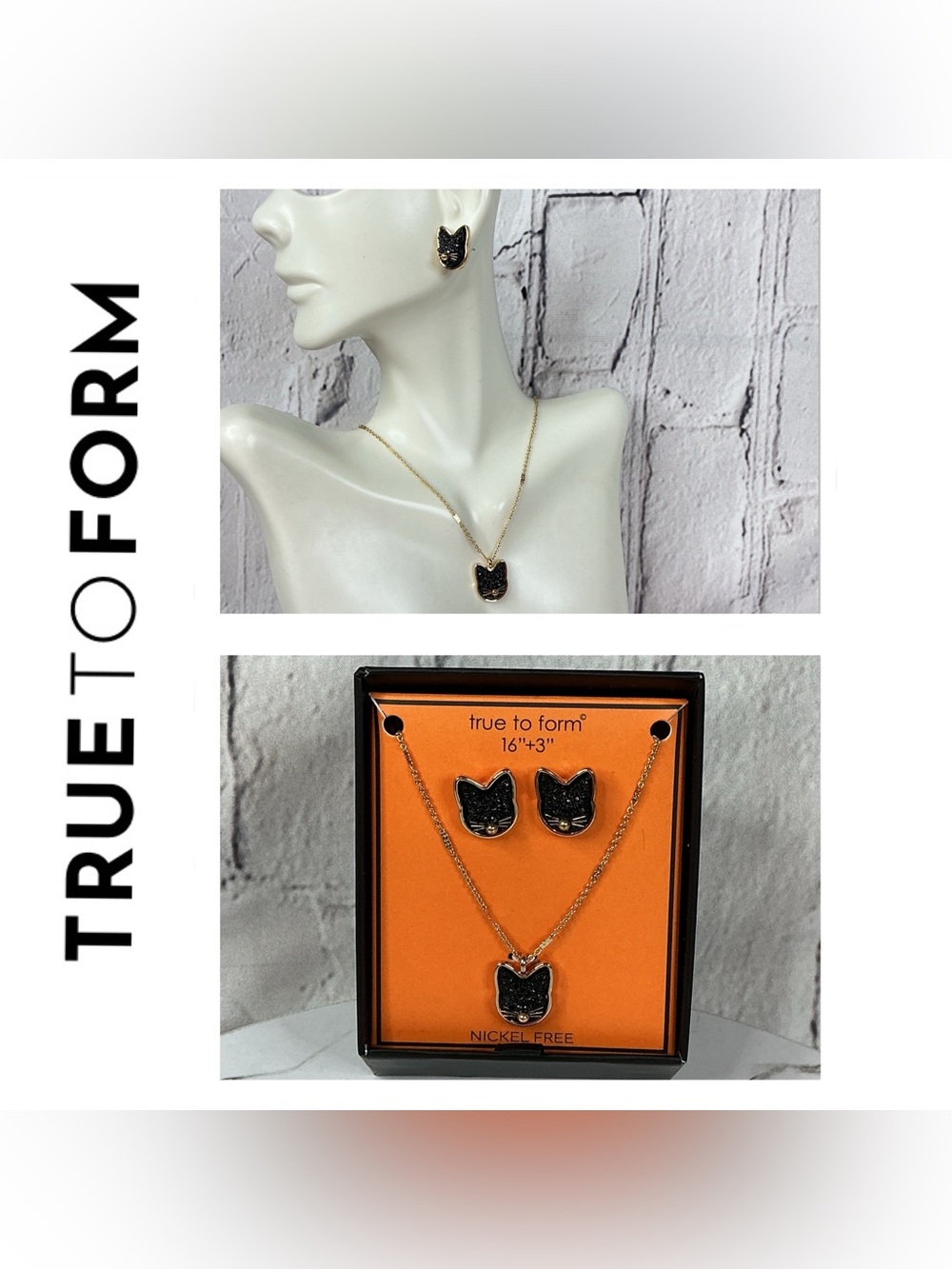 🌟🌟 Gold-Tone Black Cat Necklace and Earring Set